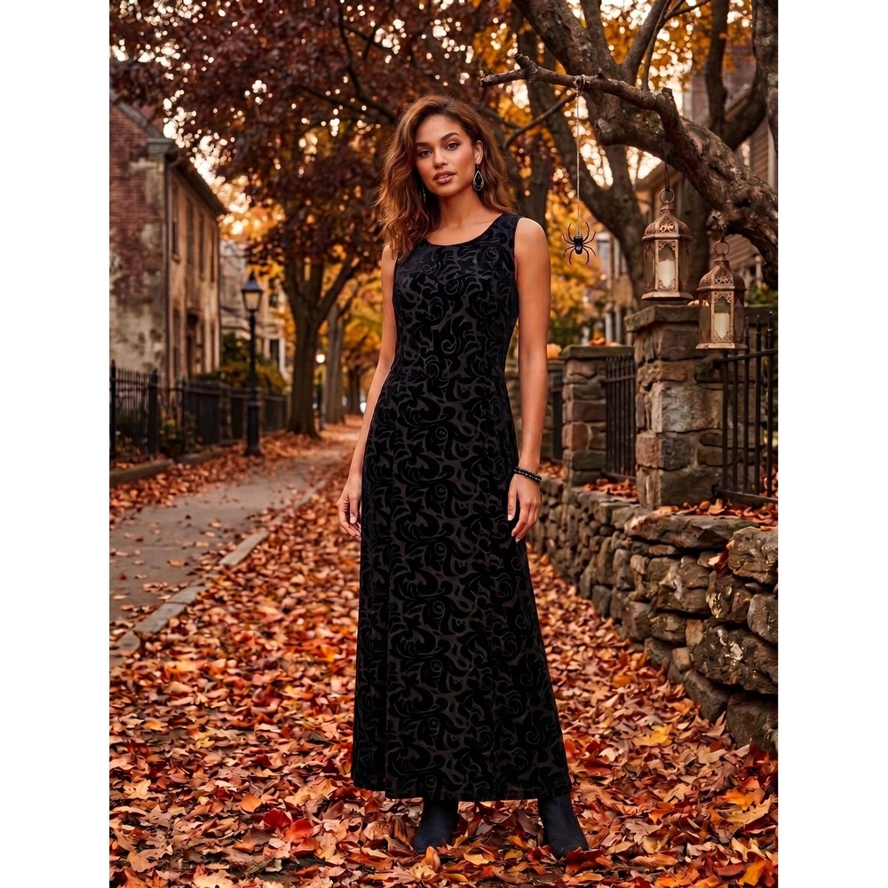 Women Black Burnout Velvet Scroll Maxi Dress Sleeveless Plus Size 14W Whimsigoth